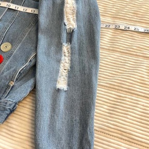 Women's Love Tree Denim distressed reworked embellished Denim Jacket size Small - Picture 6 of 8
